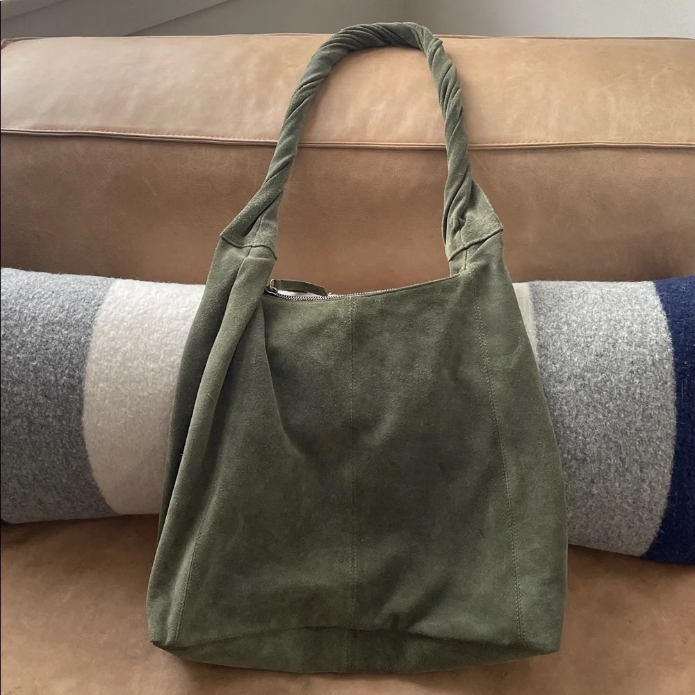 Topshop Suede Slouch Shoulder Bag Green Top Zip - Picture 7 of 8